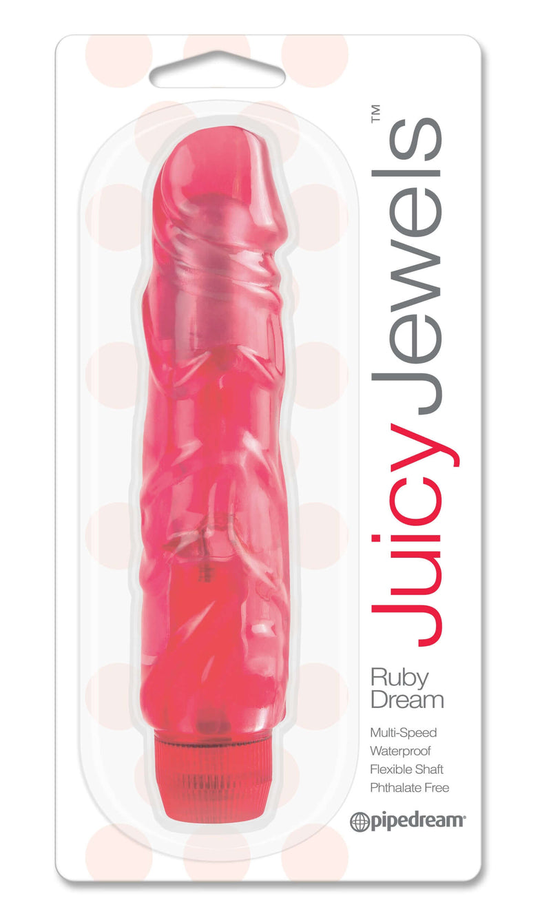 Juicy Jewels Ruby Dream Red Realistic Vibrator in packaging, multi-speed, waterproof, flexible shaft, phthalate-free by Pipedream