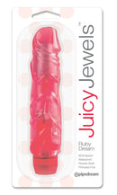 Juicy Jewels Ruby Dream red realistic vibrator in packaging, featuring multi-speed, waterproof, flexible shaft, and phthalate-free design