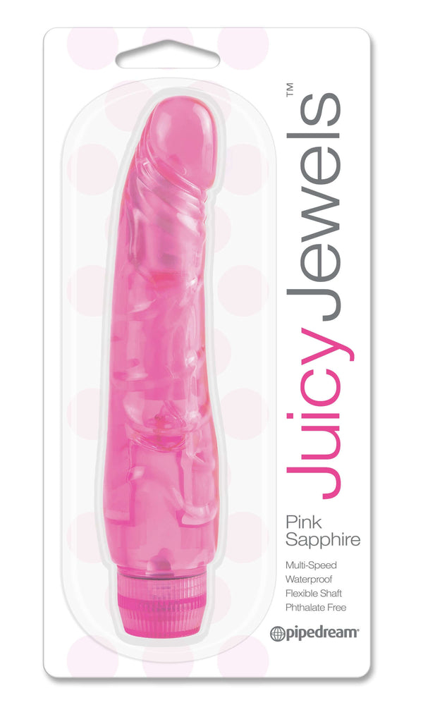 Juicy Jewels Pink Sapphire Realistic Vibrator in packaging, multi-speed, waterproof, flexible shaft, phthalate free