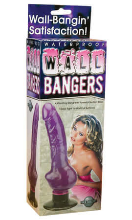 Waterproof Wall Bangers Purple Jelly Vibrator in packaging with powerful suction cup base for wall-banging pleasure.