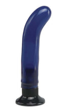 Waterproof G-Spot Wallbanger Vibrator Blue with suction cup base and curved design for maximum G-spot stimulation, made of smooth flexible jelly material.