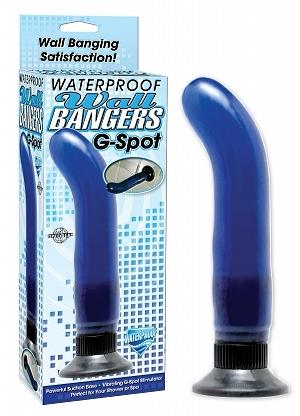 Blue Waterproof G-Spot Wallbanger Vibrator with Suction Cup Base and Packaging
