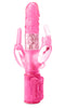 Total Ecstasy Triple Stimulator in vibrant pink with rotating pleasure pearls, rabbit ears for clitoral stimulation, and a vibrating anal component.