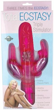 Total Ecstasy Triple Stimulator vibe packaging with rotating pleasure pearls, vibrating anal stimulator, and clitoral stimulator.