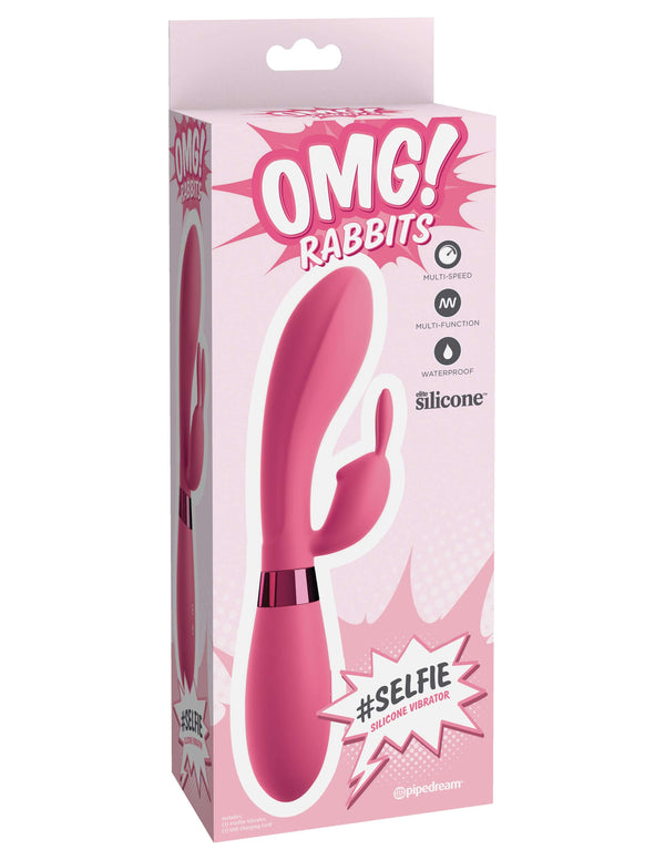 OMG! Rabbit #Selfie Silicone Vibrator in pink packaging by Pipedream Products