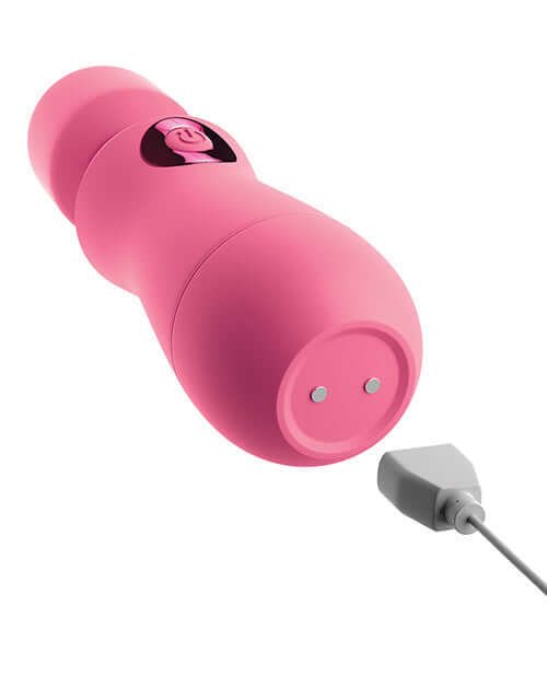 OMG Enjoy Rechargeable Wand Pink with silky smooth silicone head and flexible neck shown alongside its charging cable.