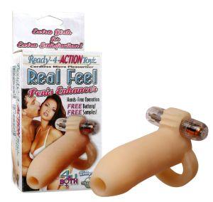 Ready-4-Action Real Feel Penis Enhancer with box, featuring cordless micro vibe and clitoral stimulator to increase girth and pleasure.