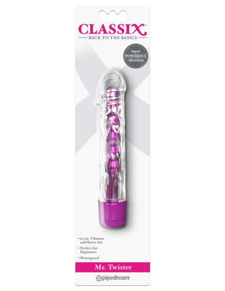 Classix Mr. Twister Pink Metallic Vibe with TPE Sleeve in packaging from Pipedream Products featuring veiny swirl texture and multi-speed base
