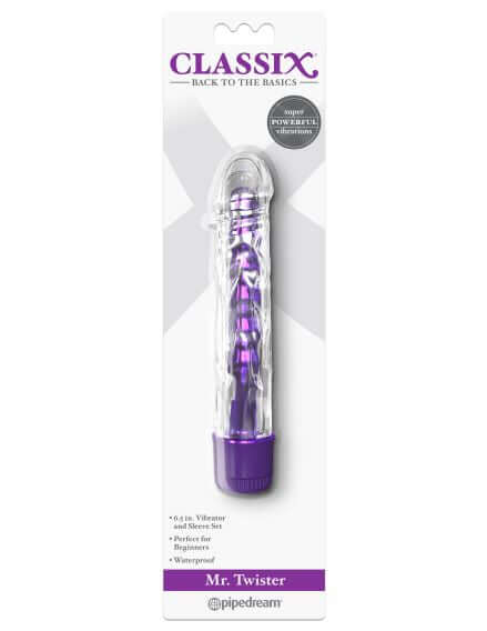 Classix Mr. Twister Purple Metallic Vibe with Thermoplastic Elastomers Sleeve in packaging from Pipedream Products