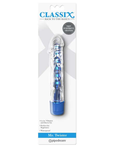Classix Mr. Twister Blue Metallic Vibe with TPE Sleeve in packaging, featuring multi-speed base and veiny swirl texture for extra stimulation.
