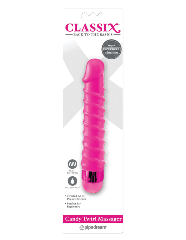 Classix Candy Twirl Massager Pink Vibrator for beginners with ribbed shaft and multi-speed dial in packaging.