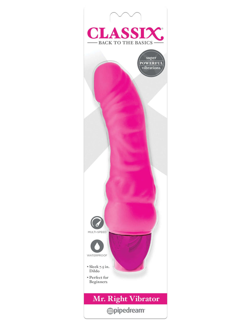 Classix Mr Right Vibrator Pink from Pipedreams in packaging, showing a flexible curved design and multi-speed dial, compact and waterproof.