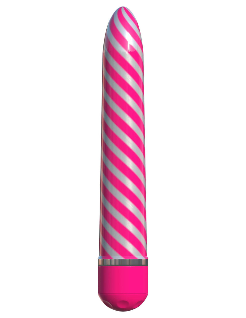Classix Sweet Swirl Vibrator Pink with metallic spiral pattern and multi-speed dial for pleasure, ideal for spa or shower use.
