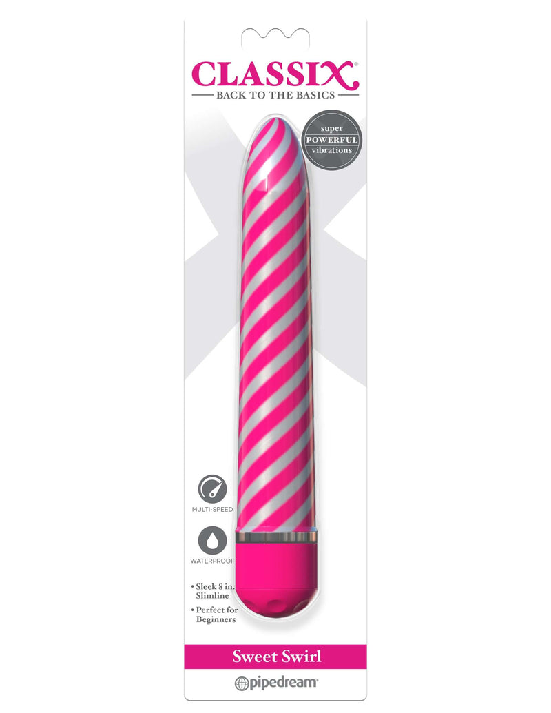 Pink Classix Sweet Swirl Vibrator with multi-speed dial in packaging by Pipedreams, featuring spiral metallic pattern and waterproof design.