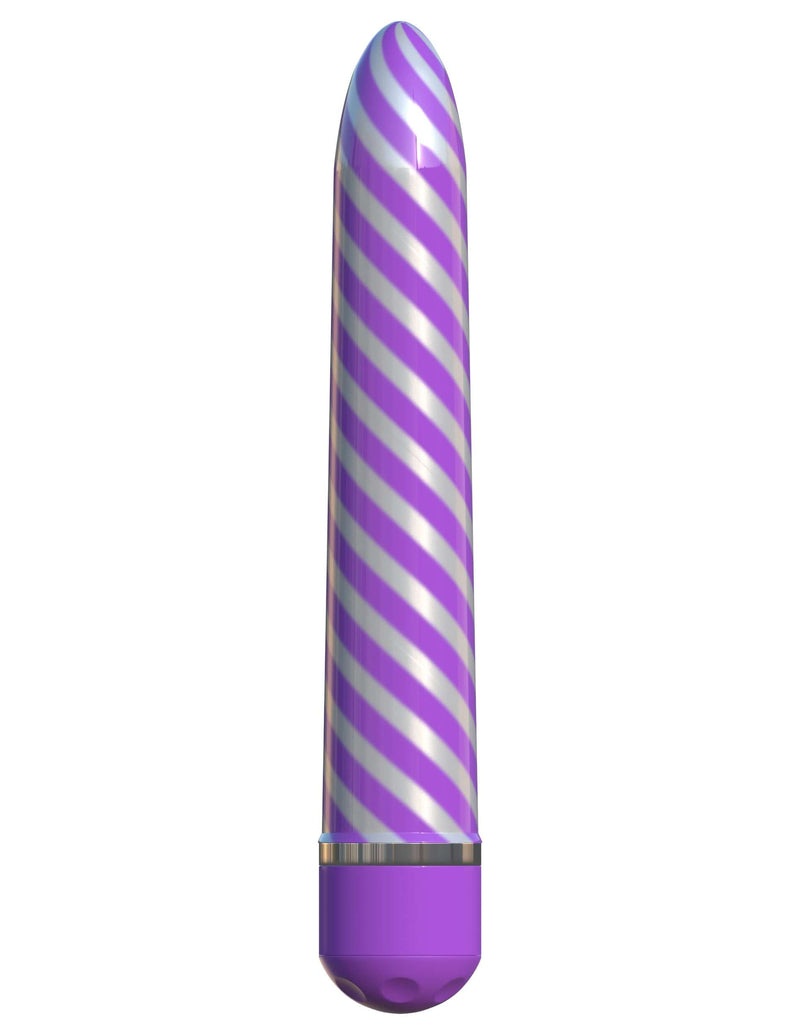 Classix Sweet Swirl Vibrator Purple with spiraling metallic finish and multi-speed dial for pleasure, waterproof and 8 inches sleek design.