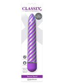 Classix Sweet Swirl Vibrator Purple, 8-inch sleek slimline with spiraling metallic pattern, powerful multi-speed motor, waterproof.