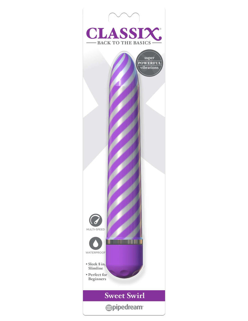 Classix Sweet Swirl Vibrator Purple, 8-inch sleek slimline with spiraling metallic pattern, powerful multi-speed motor, waterproof.