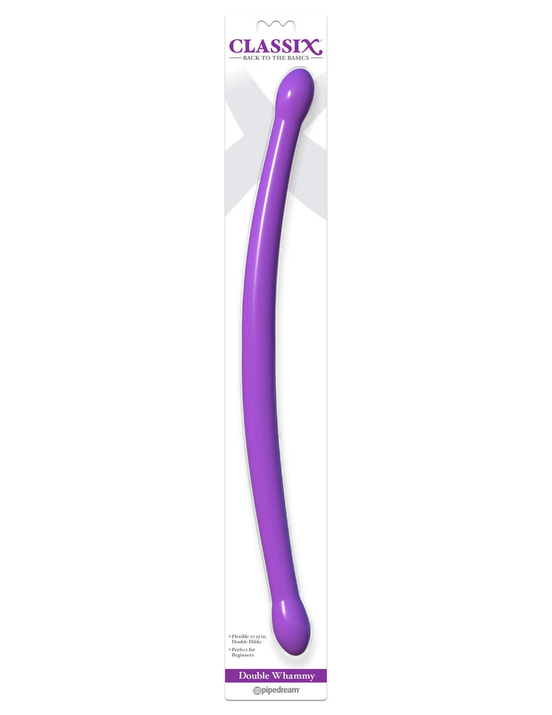 Classix Double Whammy Purple Dual Dildo in packaging, flexible double-ended design for pleasure, easy-to-clean, 17.25 inches long by Pipedreams.