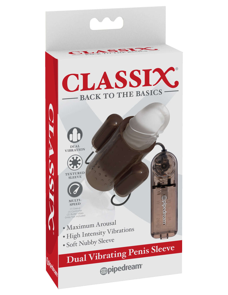 Classix Dual Vibrating Penis Sleeve Smoke packaging with dual vibration and textured sleeve from Pipedream Products