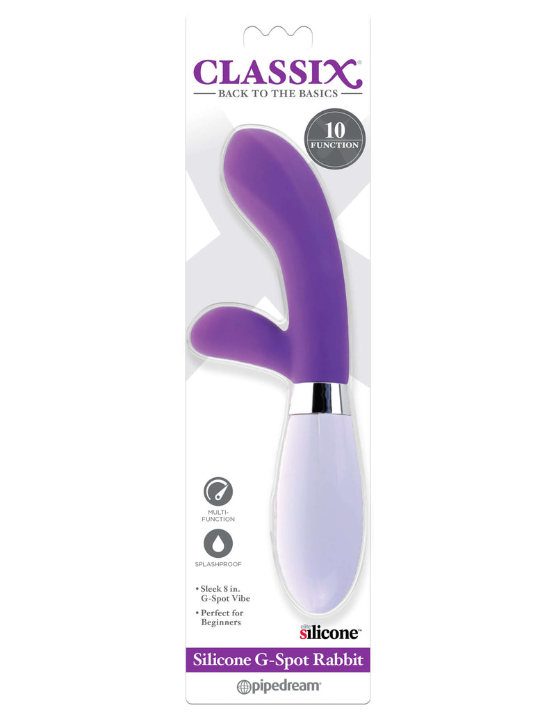 Classix Silicone G-Spot Rabbit Vibrator in packaging with 10 function modes and ultra-smooth silicone for dual stimulation.
