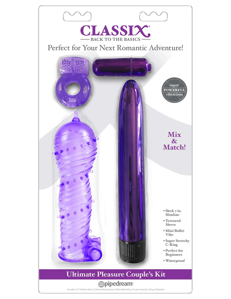 Classix Ultimate Pleasure Couples Kit Purple with 7" vibe, stretchy sleeve, bullet, and cock ring in packaging.