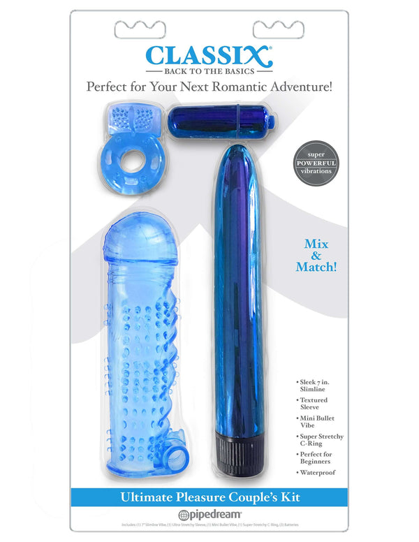 Classix Ultimate Pleasure Couples Kit Blue includes slimline multi-speed vibe, stretchy textured sleeve, powerful bullet, and cock ring.