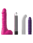 Wet and Wild Waterproof Pleasure Collection items, including pink realistic dildo, silver bullet vibe, white curved wand, and purple textured vibrator.