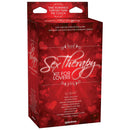 Sex Therapy Kit for Lovers packaging with romantic red design, featuring list of included items like furry cuffs, massage oil, and naughty coupon book.