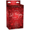 Sex Therapy Kit for Lovers packaging with romantic red design, featuring list of included items like furry cuffs, massage oil, and naughty coupon book.