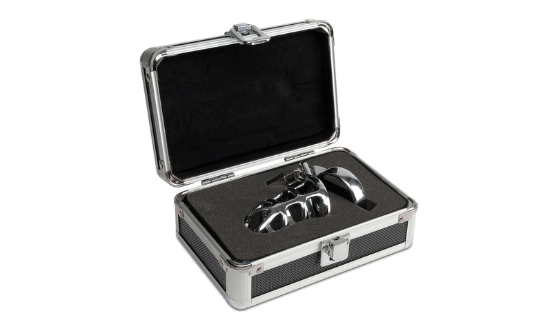Metal Worx Cock Cage in a sleek metal case, high-quality steel, hand-polished, luxurious design, body-inspired, 5 inches long, 1.75 inches wide
