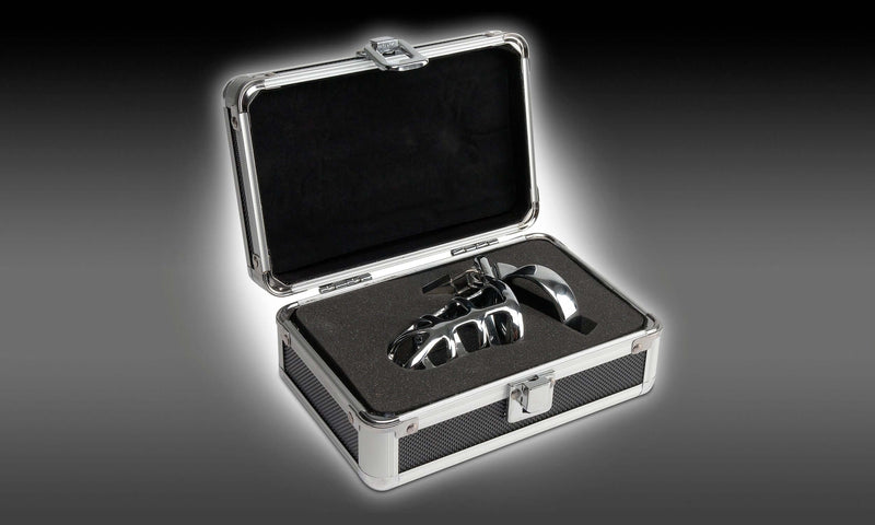 Metal Worx Cock Cage in sleek black and silver case for storage and travel