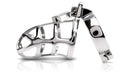 High-end metal cock cage in sleek hygienic steel design, Metal Worx Cock Cage, cast and hand-polished, 5 inches long by 1.75 inches wide