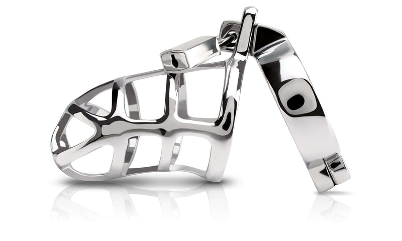 High-end metal cock cage in sleek hygienic steel design, Metal Worx Cock Cage, cast and hand-polished, 5 inches long by 1.75 inches wide
