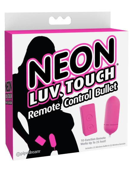 Neon Luv Touch Remote Control Bullet Vibrator in pink packaging by Pipedream Products.