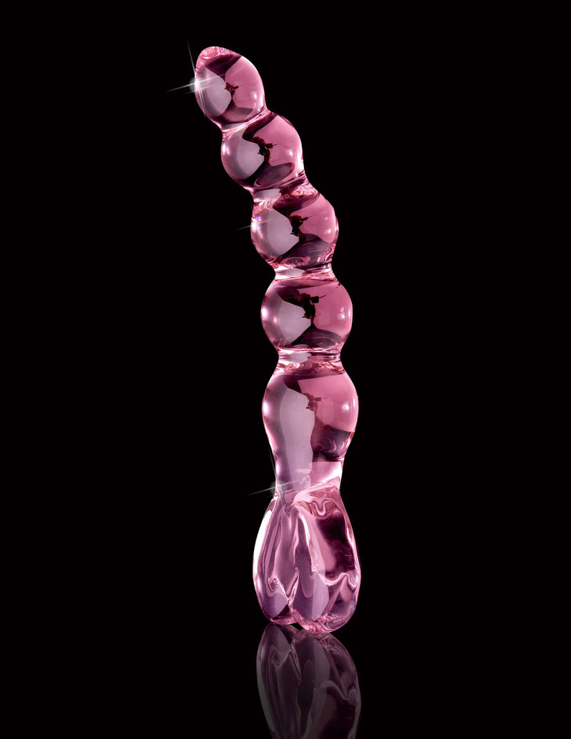 Hand-crafted Pipedream Icicles No. 43 Glass Probe in elegant pink, non-vibrating massager for luxury sensuality and pleasure.