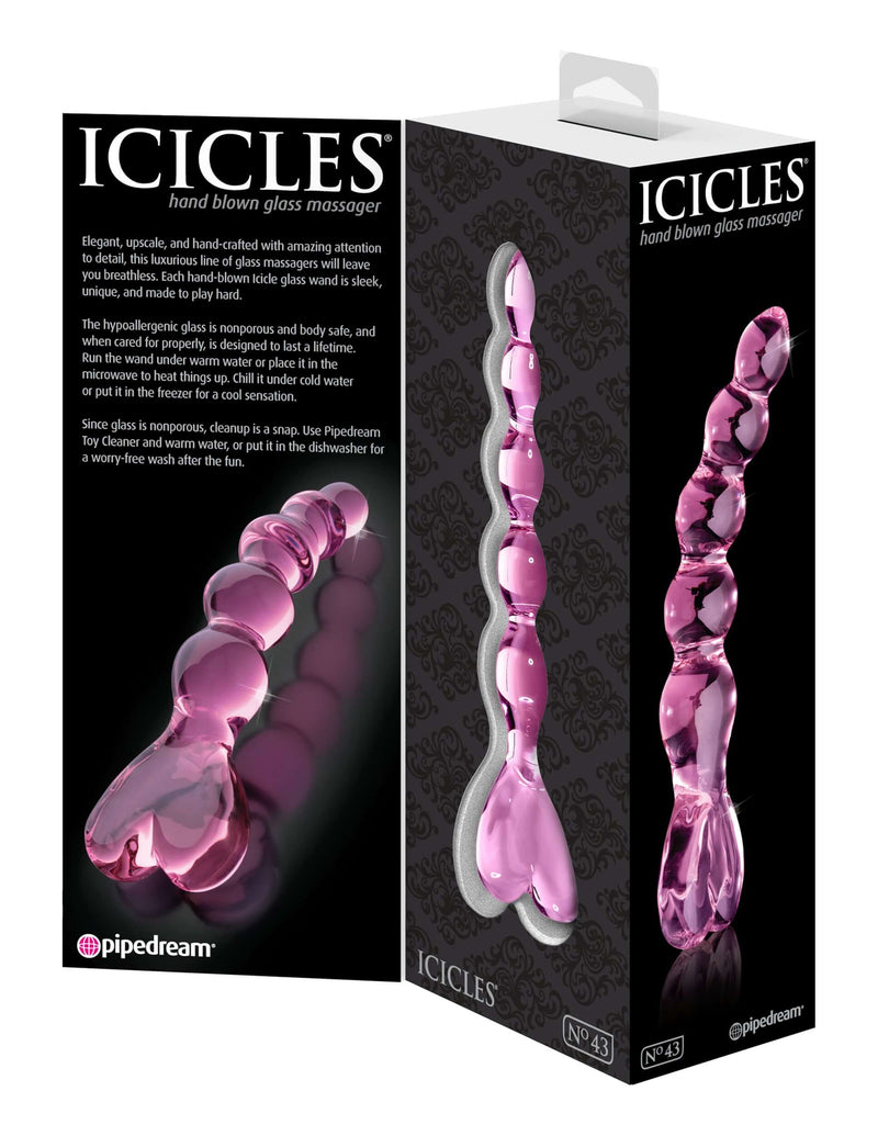 Pipedream Icicles No. 43 hand-crafted pink glass massager in elegant packaging for luxurious and non-vibrating pleasure