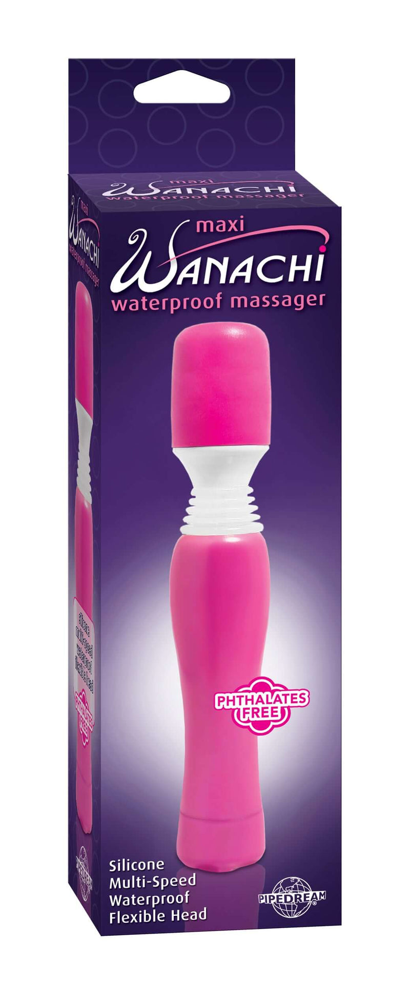 Maxi Wanachi Waterproof Massager in pink packaging with flexible head and variable speed settings for powerful muscle relaxation