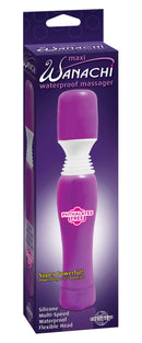 Maxi Wanachi Waterproof Massager in packaging, showcasing its purple color, silicone make, multi-speed functionality, and flexible head.