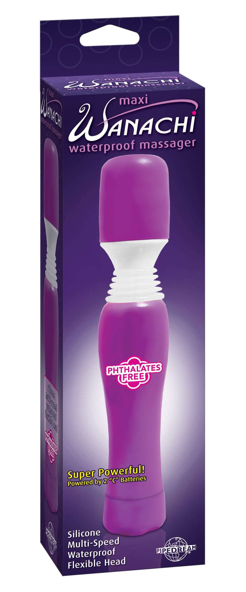 Maxi Wanachi Waterproof Massager in packaging, showcasing its purple color, silicone make, multi-speed functionality, and flexible head.