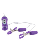 Fetish Fantasy Series 10 Function Vibrating Nipple Clamps Purple with metal clips and rubber liners.