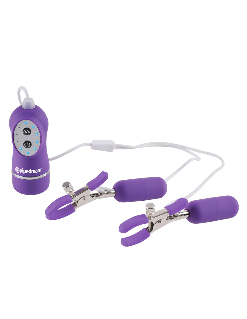 Fetish Fantasy Series 10 Function Vibrating Nipple Clamps Purple with metal clips and rubber liners.