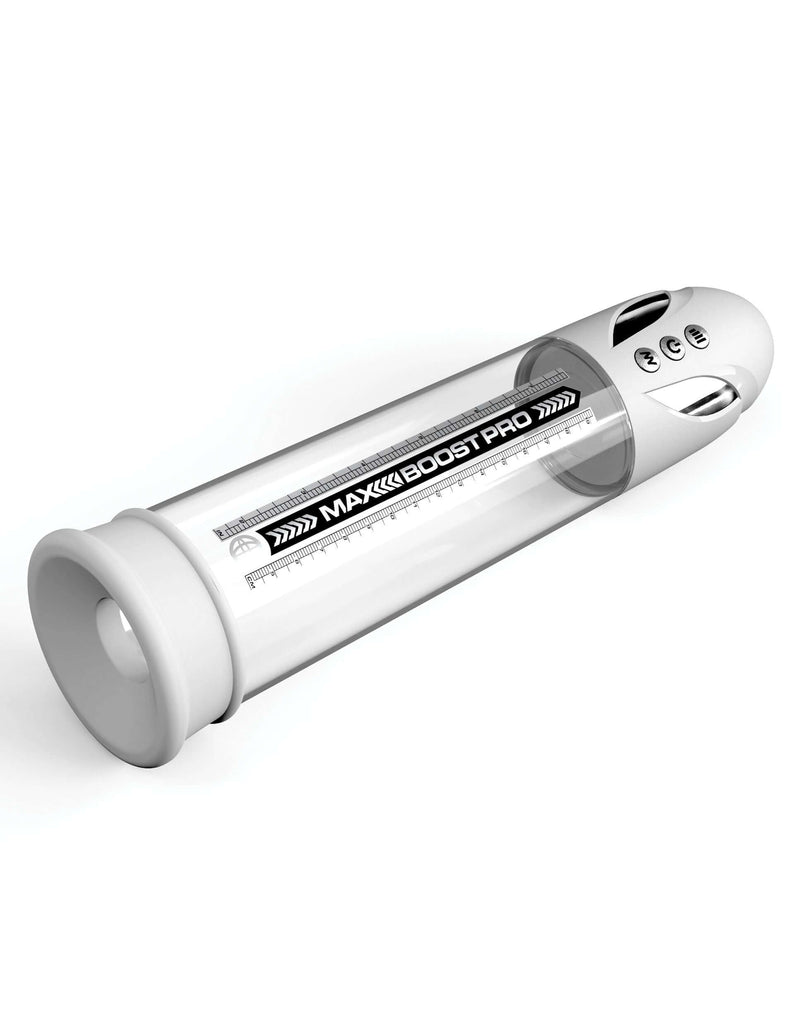 Max Boost Pro Flow White Clear Rechargeable Power Pump with IPX6 waterproof rating for automatic suction and stronger erections.