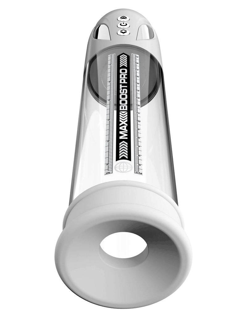Max Boost Pro Flow White Clear Rechargeable Power Pump with automatic suction and waterproof design for powerful erections.