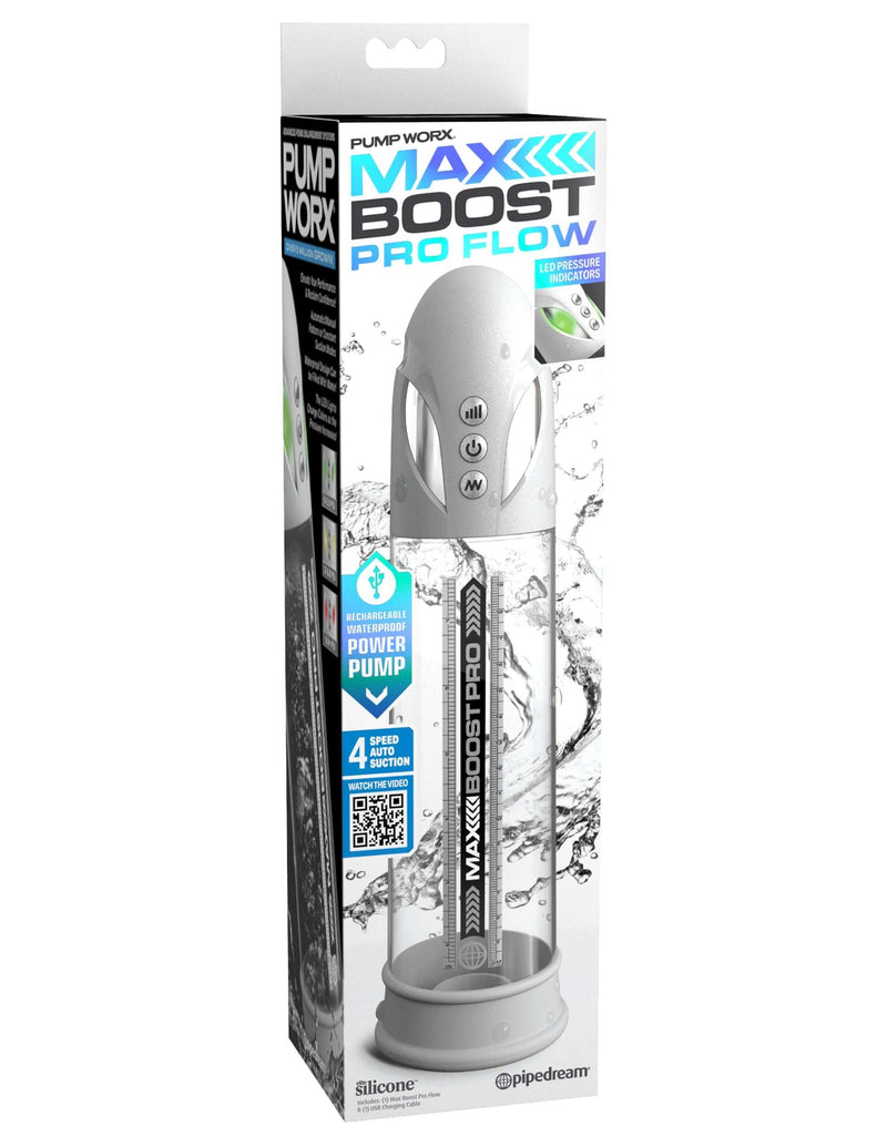 Max Boost Pro Flow White Clear Rechargeable Power Pump by Pipedream Products in original packaging
