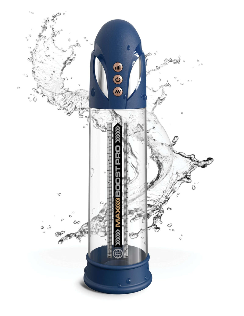 Max Boost Pro Flow Blue Clear Rechargeable Power Pump with water splash background