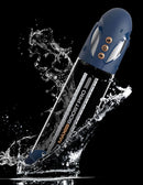 Max Boost Pro Flow Blue Clear Rechargeable Power Pump splashing in water, showcasing waterproof design and powerful performance.