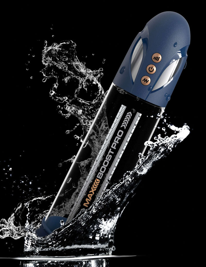 Max Boost Pro Flow Blue Clear Rechargeable Power Pump splashing in water, showcasing waterproof design and powerful performance.