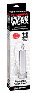 Pump Worx Beginners Power Pump Clear packaging, featuring a clear pump with a medical style pump ball and a free cock ring.