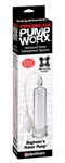 Pump Worx Beginners Power Pump Clear packaging, featuring a clear pump with a medical style pump ball and a free cock ring.