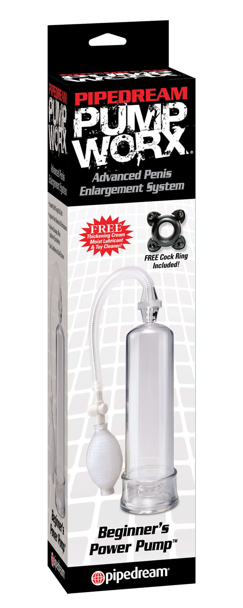 Pump Worx Beginners Power Pump Clear packaging, featuring a clear pump with a medical style pump ball and a free cock ring.